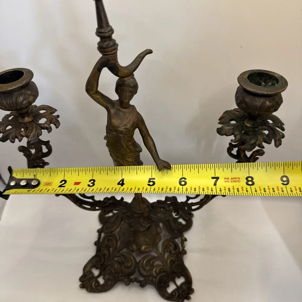 Vintage Bronze Candelabra Lady Figurine 2-Arm Candle Holder Ornate Victorian Bro
